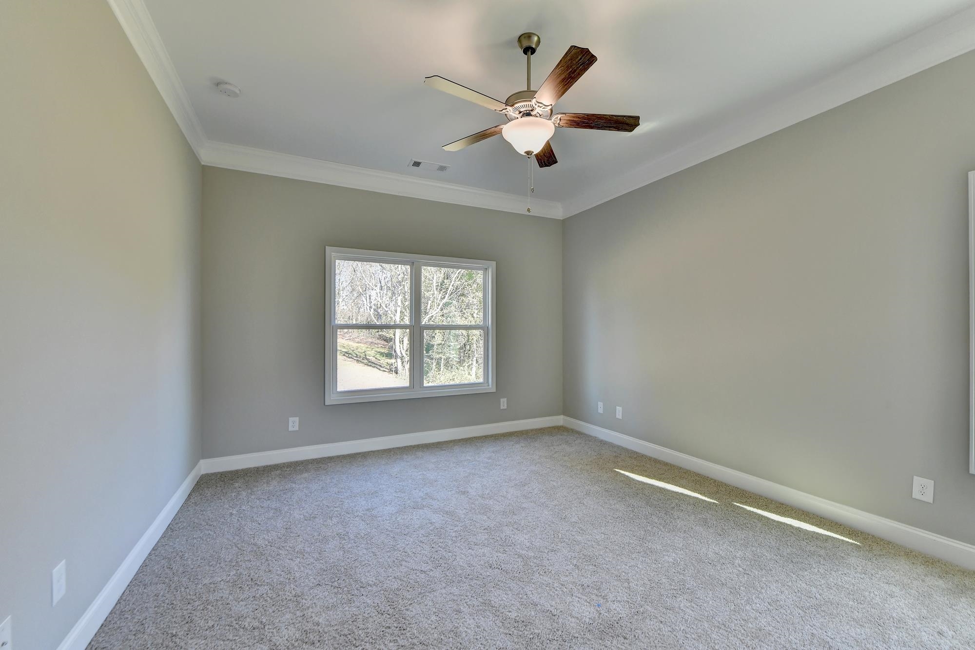 Master Bedroom featuring ceiling fan, ornamental molding, and light carpet