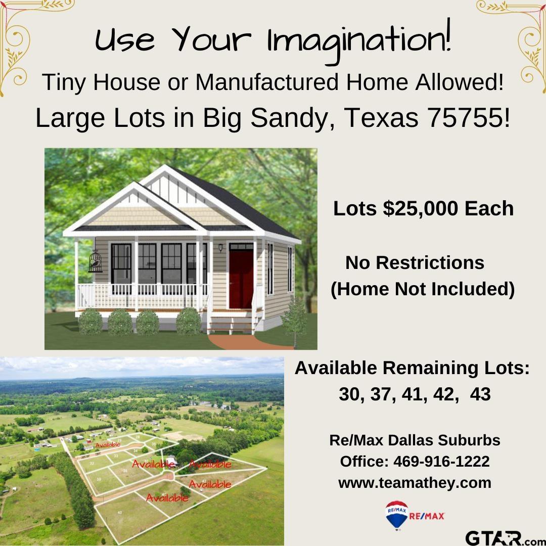 Enjoy the quiet of the country. Build on your own lot. Tiny house or manufactured home allowed. No restrictions. Water, high-speed internet, and electricity are installed. Streets are paved with iron ore. Located in beautiful East Texas, close to large cities, but with the benefit of a small town. Lots can be sold together or individually. $1-$1.25 psf. Gladewater ISD. Plat and lot size is in supplements. Water provided by Pritchett Water Supply in Gilmer. Buyer to verify. No Survey. Check out the lender list for manufactures homes in supplements.